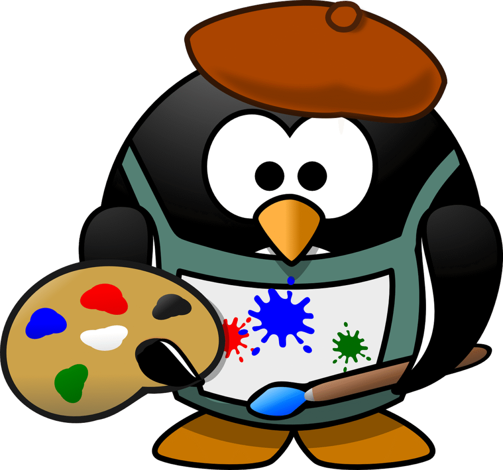 Penguin in painter outfit with a color palette.